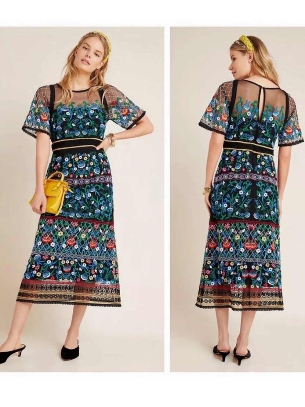 Anthropologie Esther Black Multicolor Embroidered Midi Dress